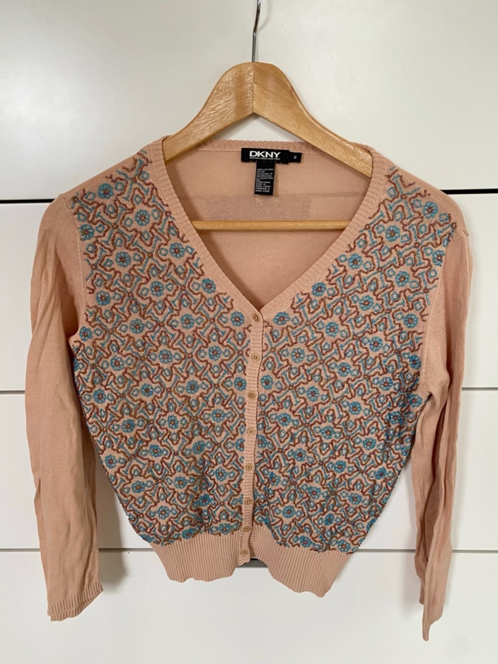 DKNY Peach Embellished V-Neck Cardigan Sweater